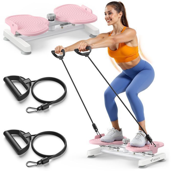 MERACH Twister Plate, Abdominal Twister, 90° Rotation, 2 x 10kg Resistance Bands, Tones Body and Abs, 136kg Load Capacity, Pink
