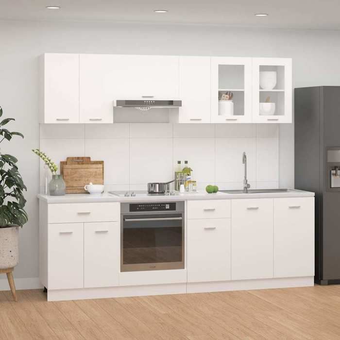 Set di mobili da cucina a 8 pezzi - Lyon - Bianco opaco - Legno ingegnerizzato - Ampio spazio contenitivo