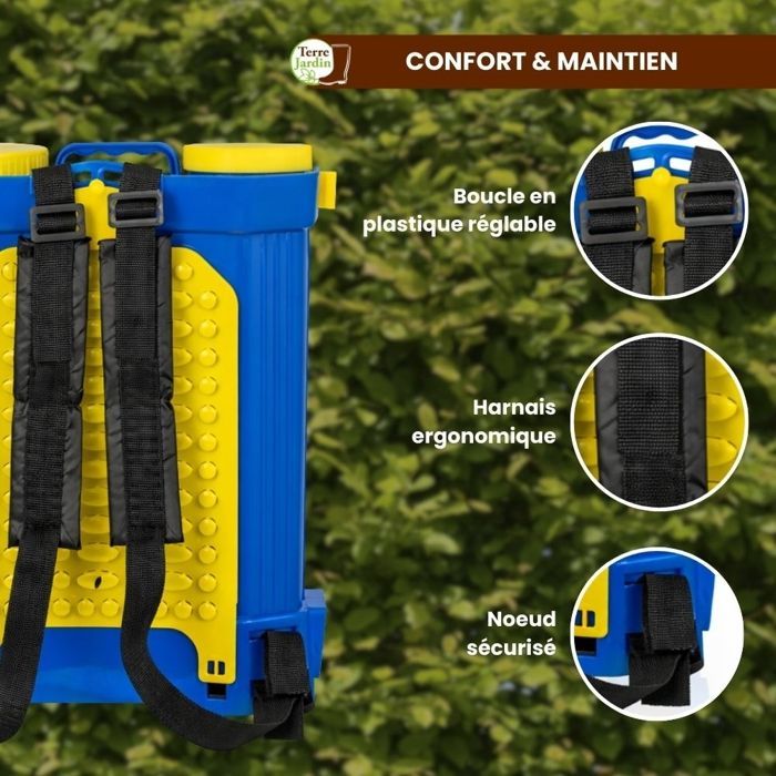 Pulvérisateur électrique dorsal 16 L rechargeable 12V, lance télescopique 49-85 cm, TERRE JARDIN pression réglable 4,5 bar - 4 buses