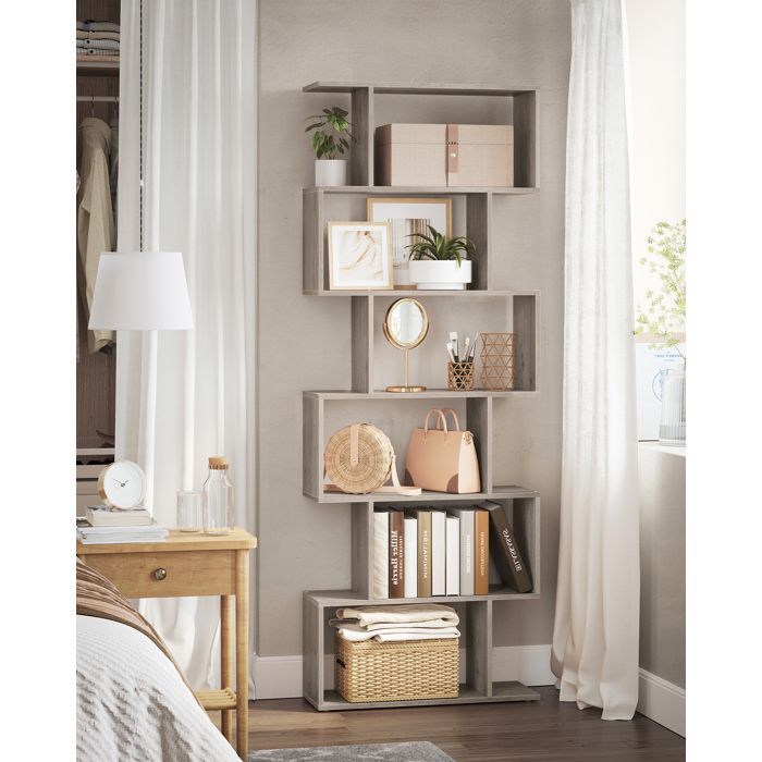 Boekenkast, 6-laags opbergrek, opbergkast, kamerscherm, voor woonkamer, slaapkamer, kantoor, grijsbeige