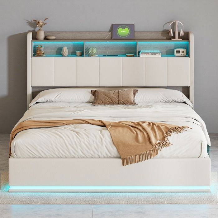 Lit coffre 160x200 cm - LED RGB - Port USB Type-C - Velours blanc - Style moderne