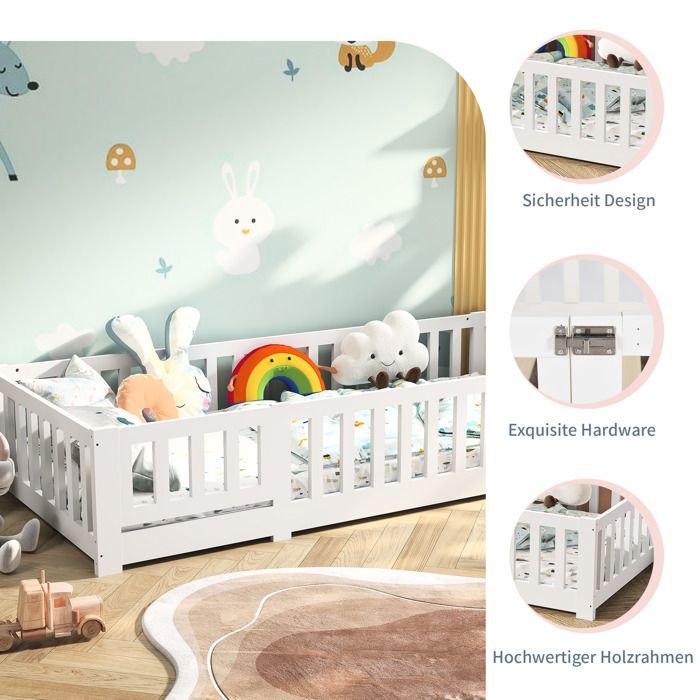 Cama infantil de 90x200 cm con somier de láminas y barandilla de seguridad, cama a ras de suelo de pino macizo, tamaño individual, color blanco, diseño práctico.