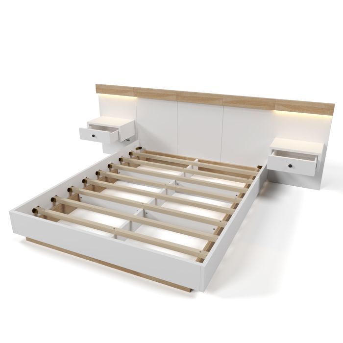 MODFU Lit double lit adulte 160x200 cm avec 2 tables de chevet LED et interface USB-C, bois, blanc et chêne, sans matelas