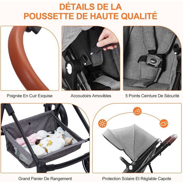 Cochecito 2 en 1, compacto, ligero y plegable con asiento reclinable, Bébé Confort Stroller para bebés de 0 a 3 años, gris.