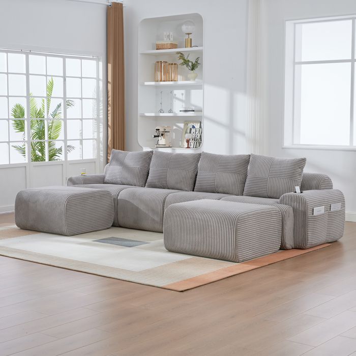 MEUBLIV Modular 4-seater sofa with 2 ottomans, cup holders and storage bags, 333x174x80cm, corduroy, light grey