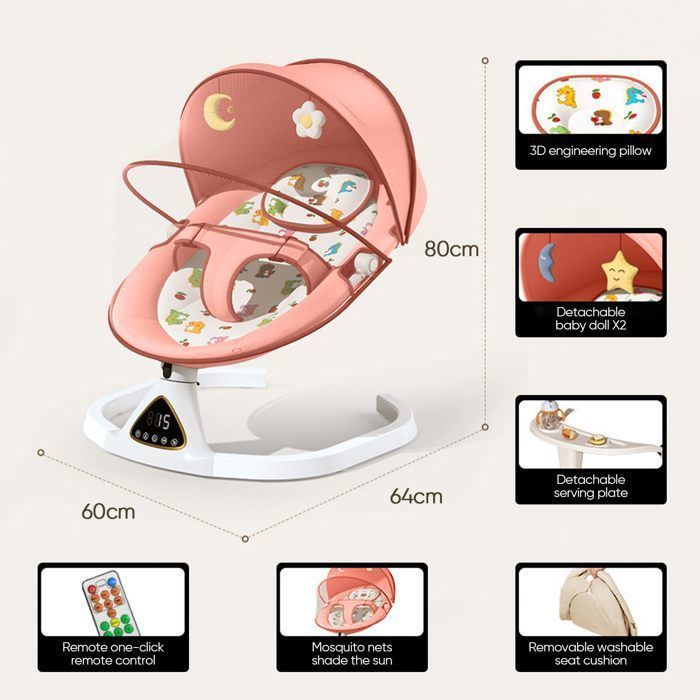 Elektrische babywipper met afstandsbediening en Bluetooth, babyschommel met 5 schommelsnelheden, boog met speelgoed en dienblad