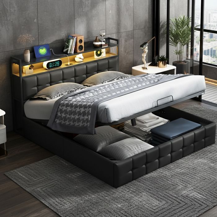 160x200cm storage bed, double bed frame with LED and USB ports, adult bed with 4 drawers, slatted base, mattress not included, PU upholstery, black