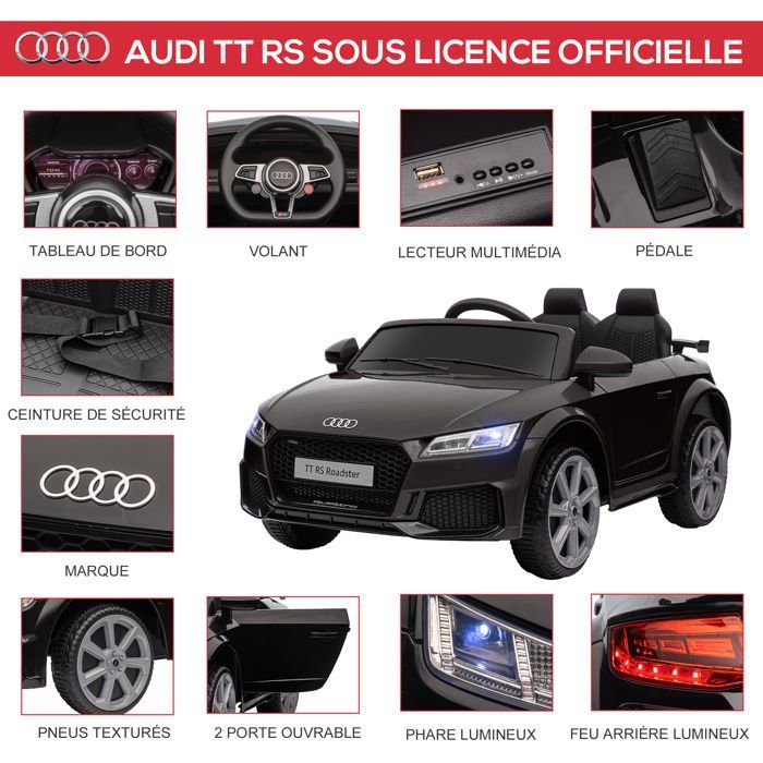Electric car - HOMCOM - children's Audi TT RS 12V 30W speed 3 km/h remote control LED - PP - black