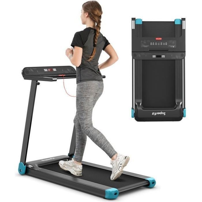 Cinta de correr plegable COSTWAY con control por aplicación, 0,96-12 km/h, Bluetooth, 12 programas, pantalla LED y soporte para dispositivos, azul marino.