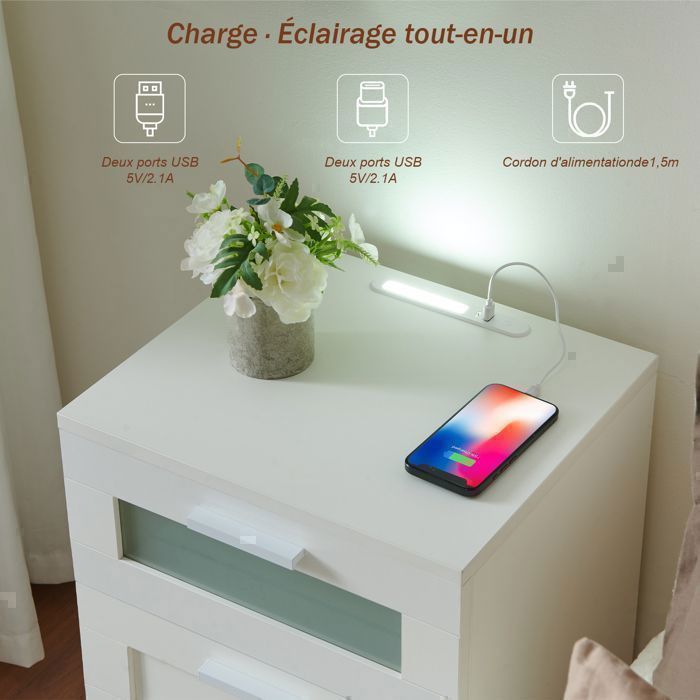 Bedside Tables with 3 Drawers, Nightstand with LED Lighting and USB and Type-C Ports, for Bedroom, Living Room (2, White)