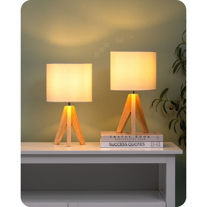 Lampe à poser Lot de 2 Bois avec Abat-Jour en Lin Blanc, Douille E27, Ampoule Incluse