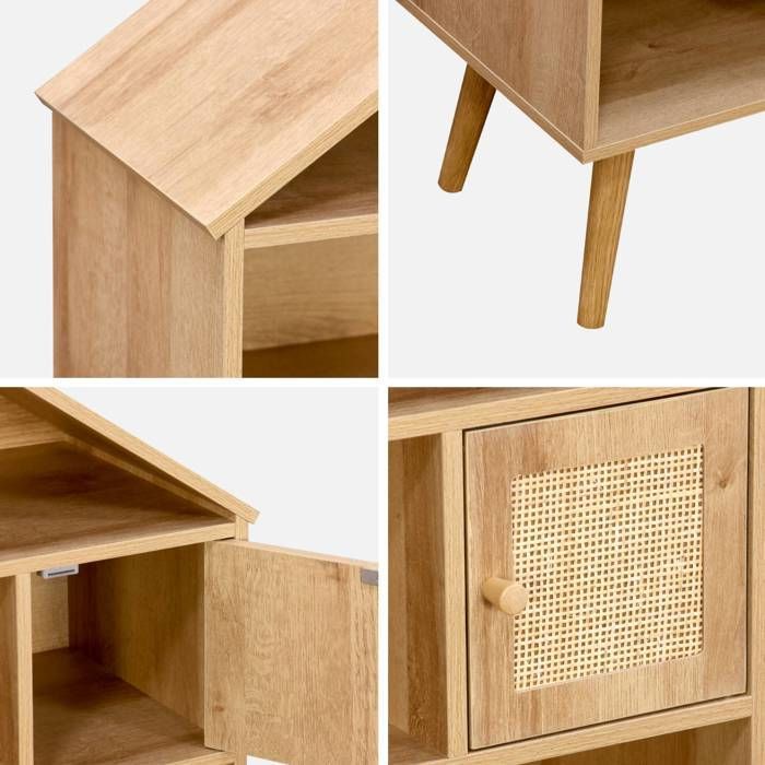 Librería de estilo bohemio con detalles de madera y mimbre, 7 compartimentos, 2 puertas.