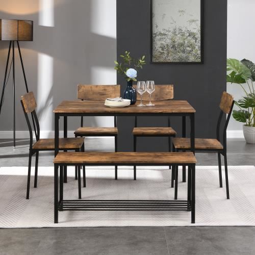 Dining Table and 4 Chairs with Bench for Dining Room - 6-Piece Set, Table 110 x 70 x 75 cm - Brown and Black