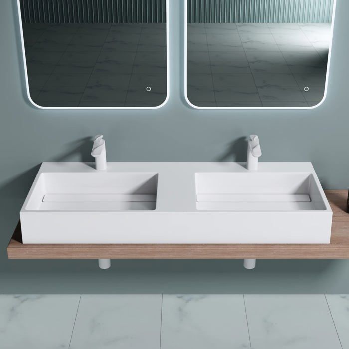 doporro Double lavabo suspendu blanc 160cm double vasque à poser lave mains rectangulaire de qualité pour salle de bain Colossum12