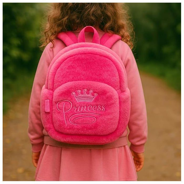 Girls' Backpack 27cm Pink Soft Plush Princess Crown Design Ideal for Nursery School and Outings