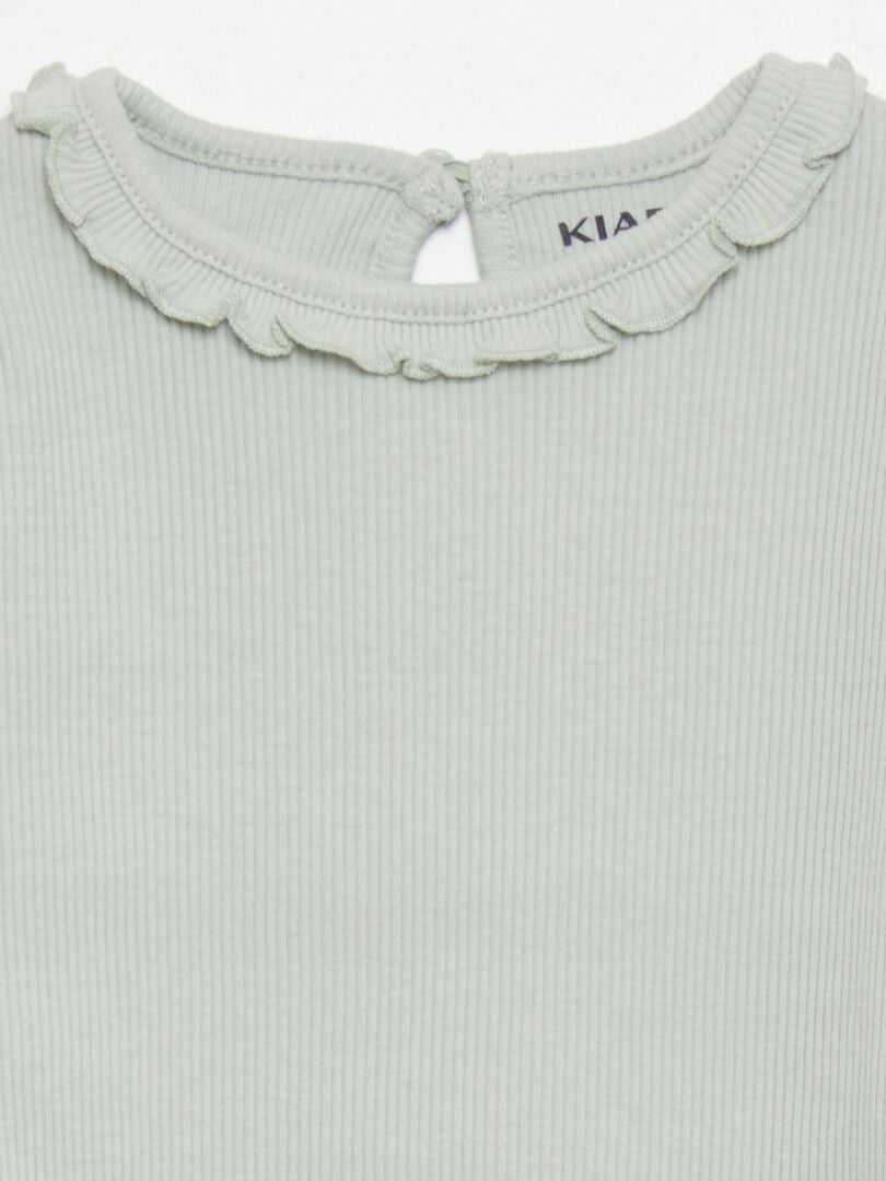 Geribbeld gebreid T-shirt met rucheskraag - BLAUW
