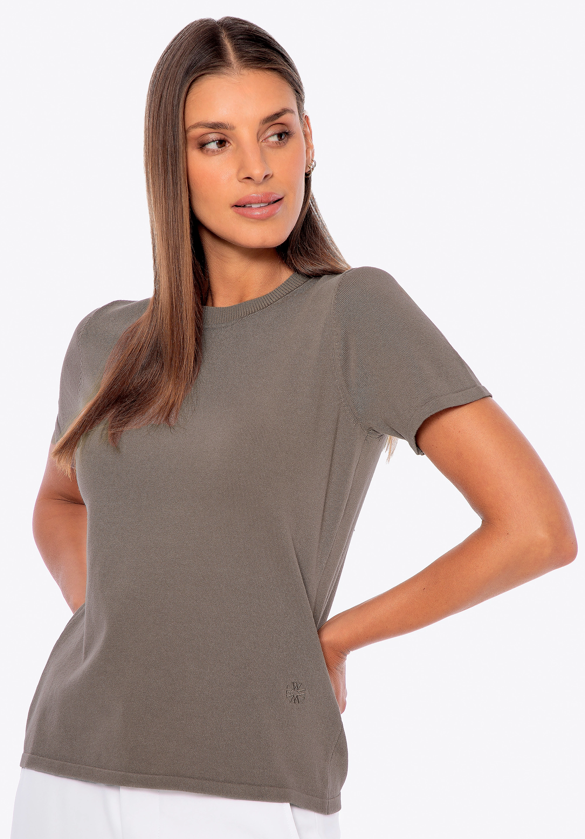 Sweter damski z krótkim rękawem ciemny beż