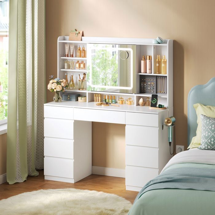 Coiffeuse avec Miroir LED Coulissant et Multiprise - WOLTU Grande Coiffeuse avec 9 Tiroirs - Blanc