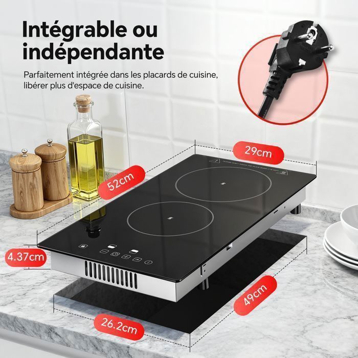 Plaque Vitrocéramique 2 Feux, Plaque de Cuisson, 3000 W,9 Niveaux,Minuterie 1-99 min, Pour toutes les casseroles
