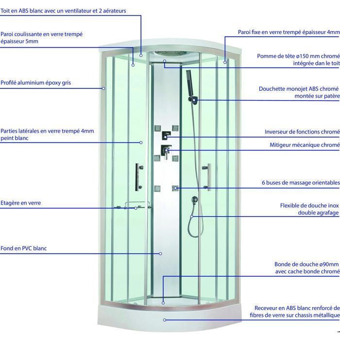 ONDEE ZEN Cabine de douche hydromassante MERIDA - Porte coulissante - quart de cercle 80cm