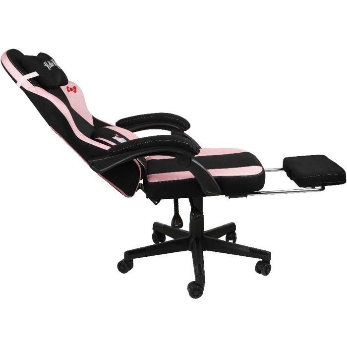 Cadeira Gamer de Escritório - KONIX - Hello Kitty - Reclinação de 150° - Estofamento em Tecido - Almofada - Apoio para os Pés - Preto e Rosa