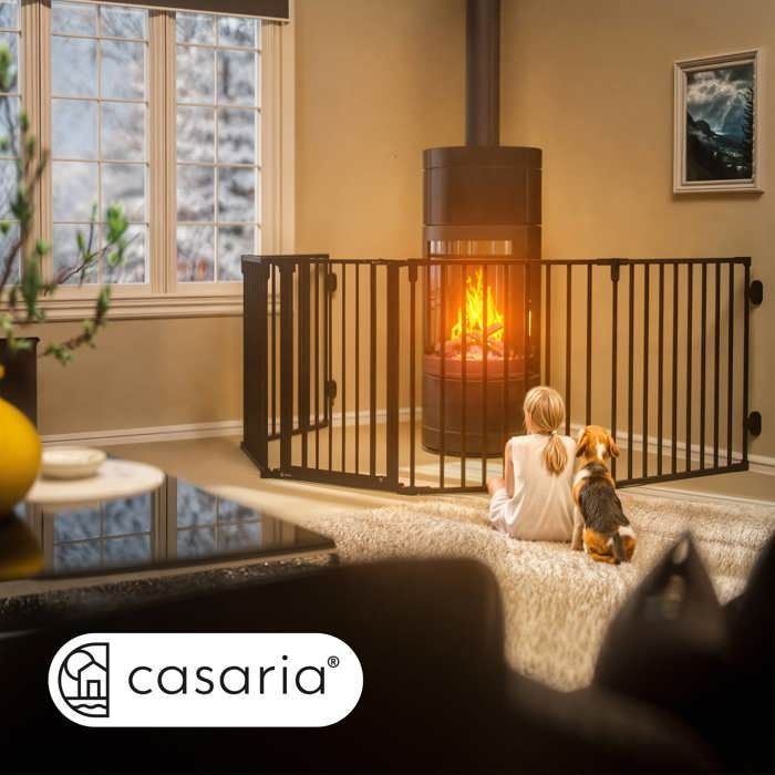 CASARIA® Fireplace Safety Guard Grille, Black, Safety Gate, Metal Lock, Foldable, Dog Barrier, Baby Safety Guard