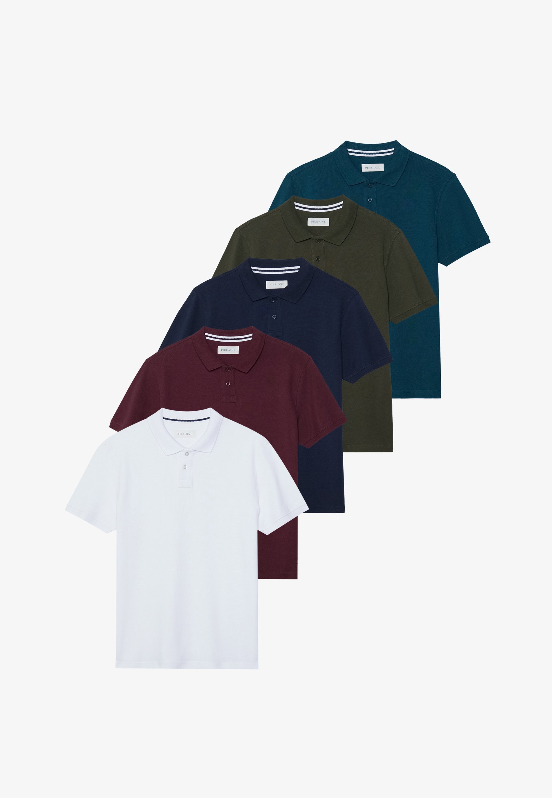 Pier One 5er-Pack Slim-Poloshirts – Weiß/Bordeaux/Dunkelblau/Khaki/Blau