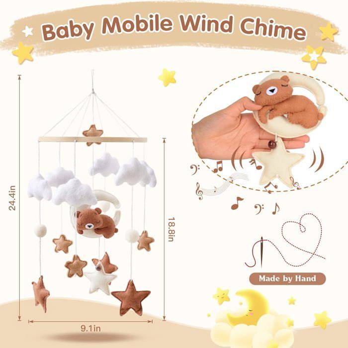 Móvil de madera para cuna con oso, estrellas, nubes, luna y campanillas, regalo para bebé, color marrón.