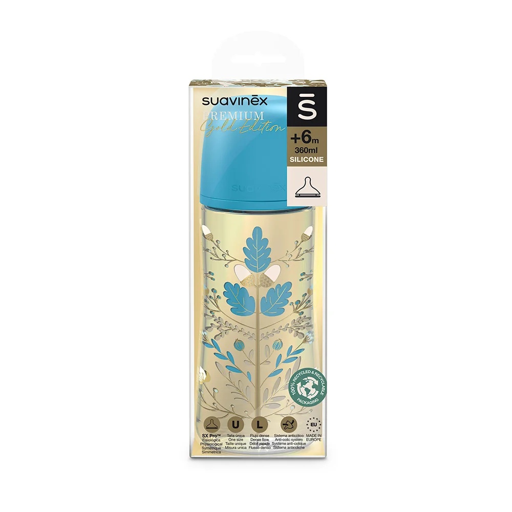 Biberon en silicone Suavinex Gold, bleu, 360 ml