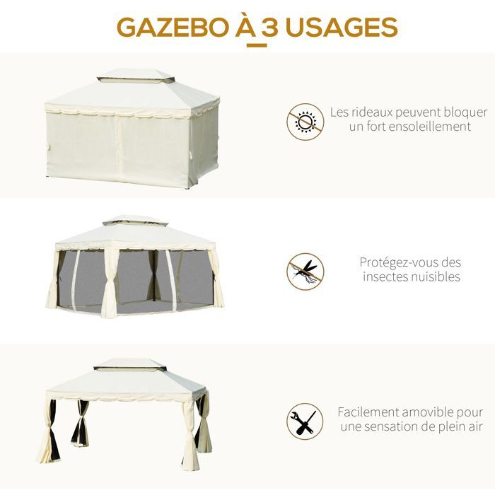 Garden gazebo - marquee - Outsunny - double roof with removable mosquito nets - steel - 4x3m - natural