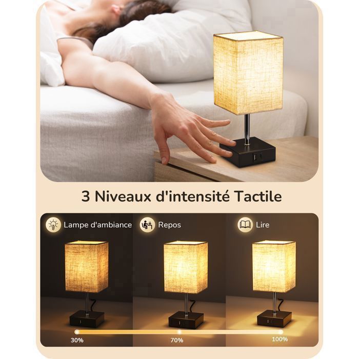 EDISHINE Lampe à poser Tactile Lot de 2, Ports USB-A & USB-C, Ampoule E27 LED dimmable incluse, Abat-jour Beige