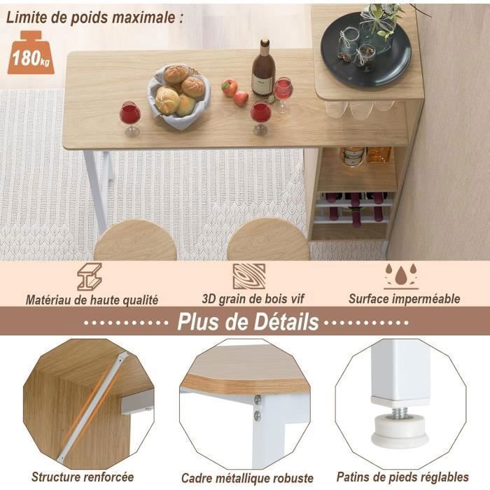Conjunto de mesa de comedor y 2 sillas GOPLUS, juego de 3 piezas, 120 x 40 x 35 cm, botellero de 2 niveles y estante de almacenamiento abierto, color natural.