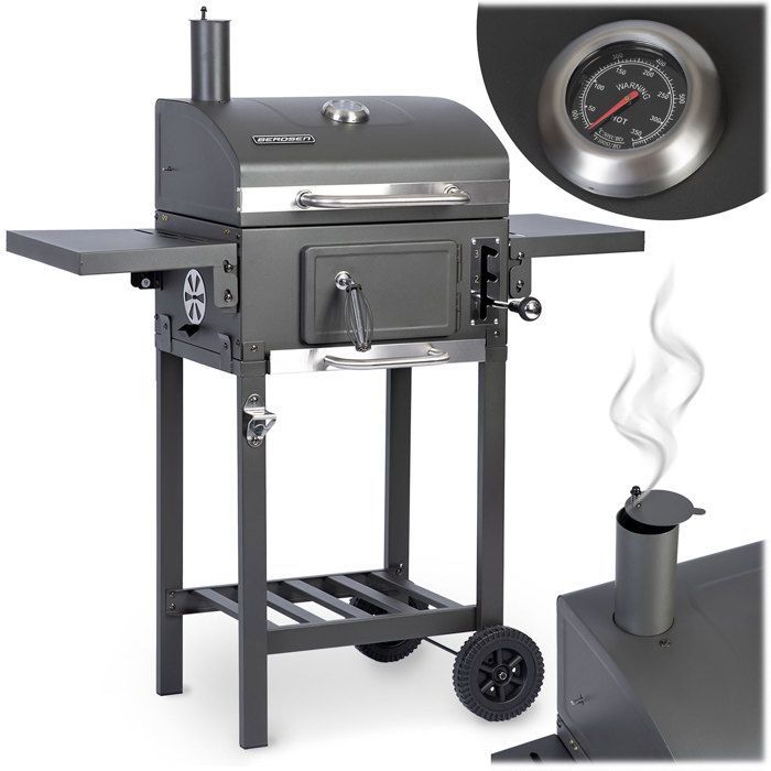 Barbacoa de carbón - BERDSEN - BD-892 - Parrilla de hierro fundido 42x31,5 cm - Termómetro integrado - Antracita