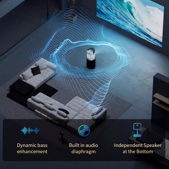 Proyector portátil, 1080p, ángulo ajustable, calidad de imagen de alta definición, blanco