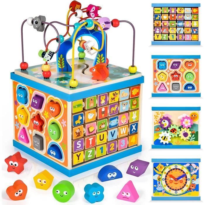 Jouet d'activité en bois - AMOUNE - Cube d'activité 6 en 1 - Trieur de formes - Horloge - Alphabet