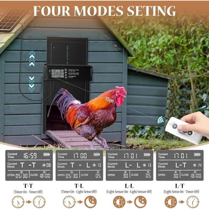 Porta automatica per pollaio - MOURSIIEN - Alimentazione solare - Display a LED - Telecomando - Timer