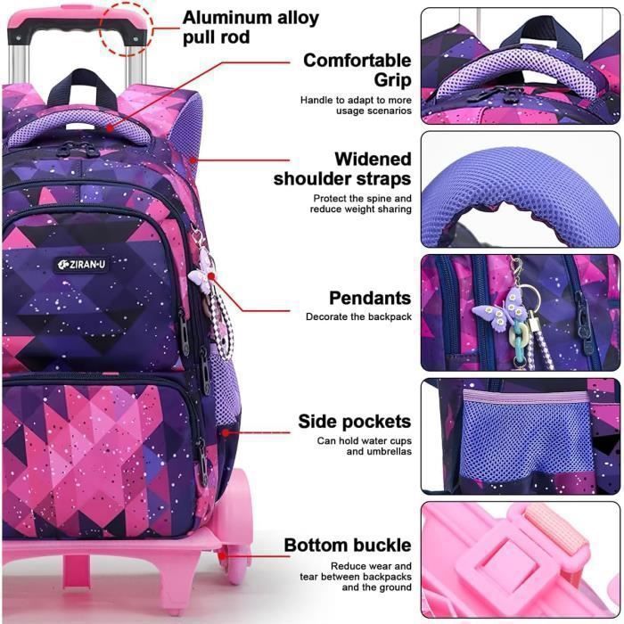 Estuche y mochila escolar con ruedas - Estuche y mochila escolar con ruedas para niñas, escuela primaria, para niños de 6 a 16 años - Ligero y práctico