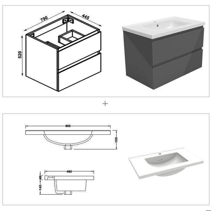 Mueble de baño AICA de 80 cm en color antracita brillante con 2 cajones de cierre suave y un lavabo de cerámica.
