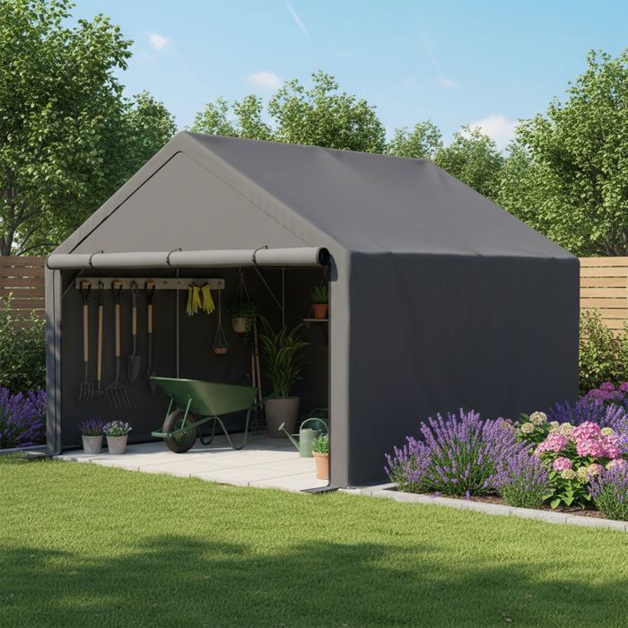 Abri Tente Garage Vélo 305x296x233 cm Gris Foncé - Imperméable & Résistant Vent/UV - Porte Roulante + Ventilation