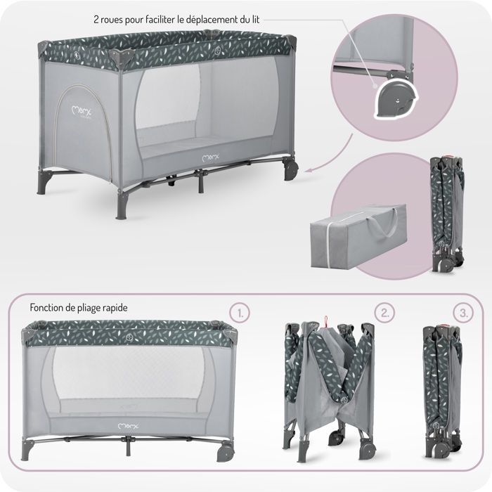 MoMi BELOVE – Cuna de viaje plegable para bebé – Colchón + Bolsa de transporte – Acceso lateral – 2 ruedas – Gris