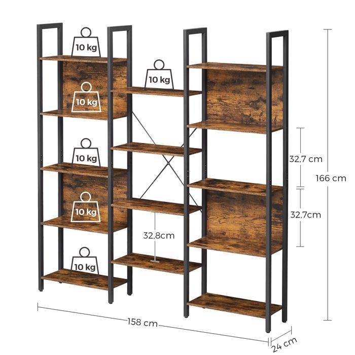 VASAGLE Bibliothèque, Étagère de Rangement, avec 14 Étagères, Cadre en Métal, Salon, 24 x 158 x 166 cm, Marron Rustique et Noir
