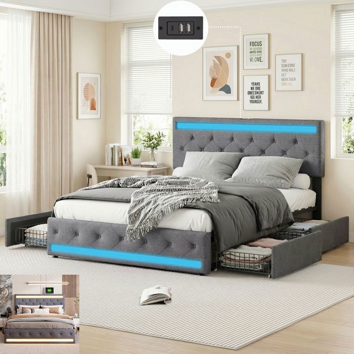 Bed van 180x200 cm met lattenbodem - Volwassenenbed - 4 lades - LED-verlichting - 2 USB-poorten en 1 Type-C-poort - Tweepersoonsbed met opbergruimte - Linnenstof - Grijs