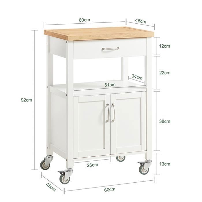 SoBuy Desserte Roulante de Cuisine avec 1 Tiroir et 2 Portes, Chariot de Rangement Mobile 60x90x44cm, FKW22-WN