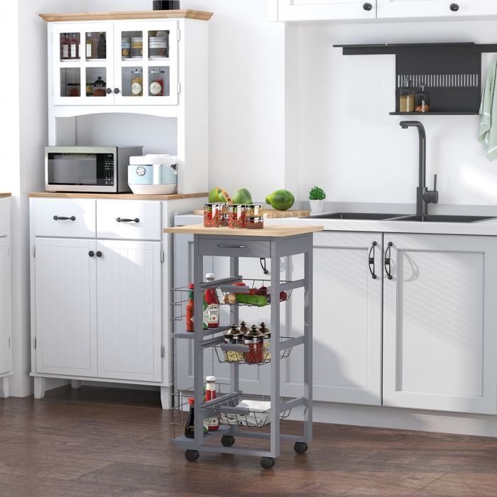 Chariot de service - HOMCOM - desserte cuisine roulettes 3 paniers métal tiroir 2 range-bouteilles - bois pin - gris