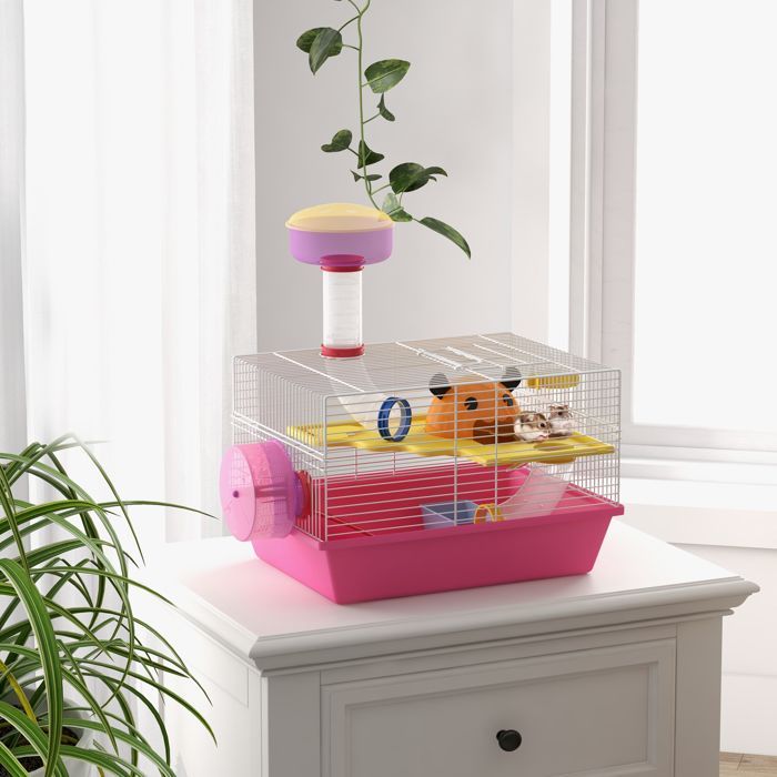Jaula para hámster PawHut - Rata/Roedor con plataforma - Bebedero - Rueda - Casita - 34 x 27 x 25 cm - Rosa