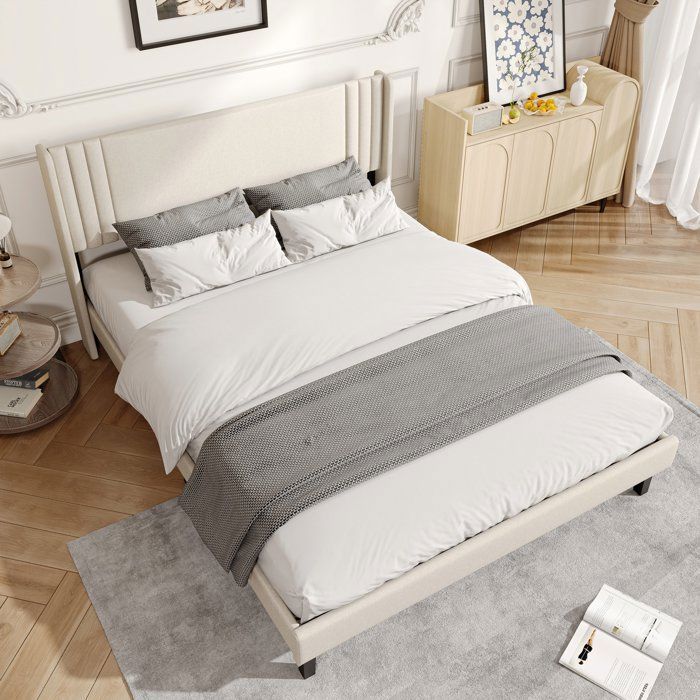 Volwassenenbed 140x200 cm, tweepersoonsbed met houten lattenbodem, gestoffeerd bedframe met lattenbodem en hoofdeinde, beige linnen