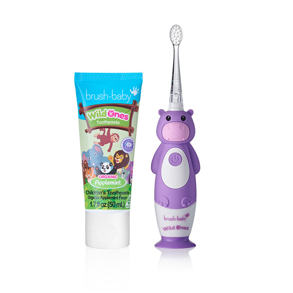 Set spazzolino da denti Brush Baby WildOnes a forma di ippopotamo e dentifricio alla menta e mela.