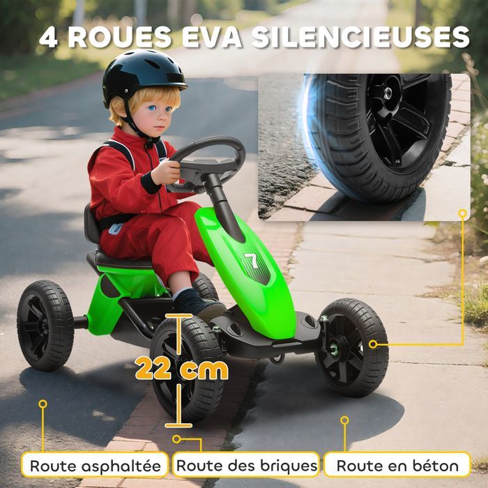 Kart à pédales pour enfants - AIYAPLAY - roues EVA silencieux, avancer et reculer - 85,5 x 49 x 57 cm - plastique et métal - vert