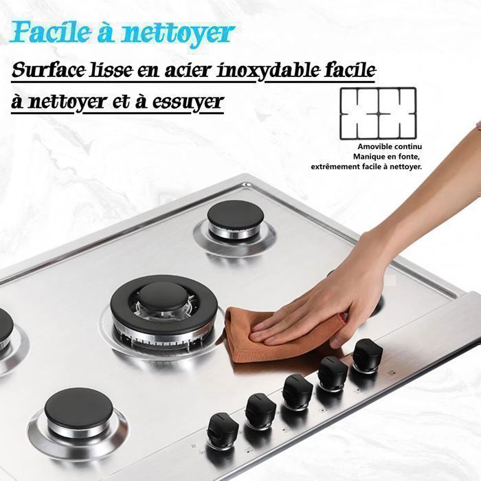 Plaque de Cuisson Gaz 5 Feuxs, Plaque Gaz Inox 68 cm,Cuisinière à Gazs 5 Brûleurs Encastrable,10480W,Sécurité Thermocouple