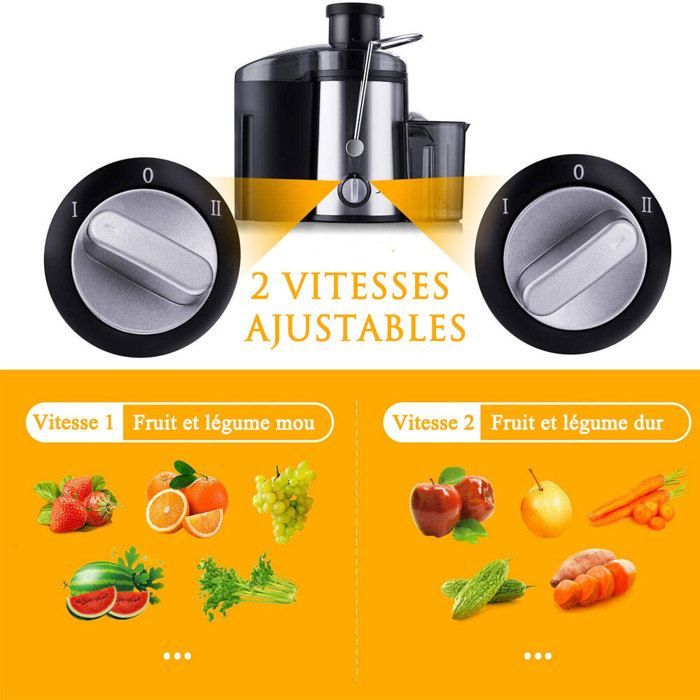 Extrator de suco LEXLIFE de 800 W - Centrífuga de frutas com 2 velocidades - Tubo de alimentação de 65 mm, jarra de suco de 800 ml - Preto
